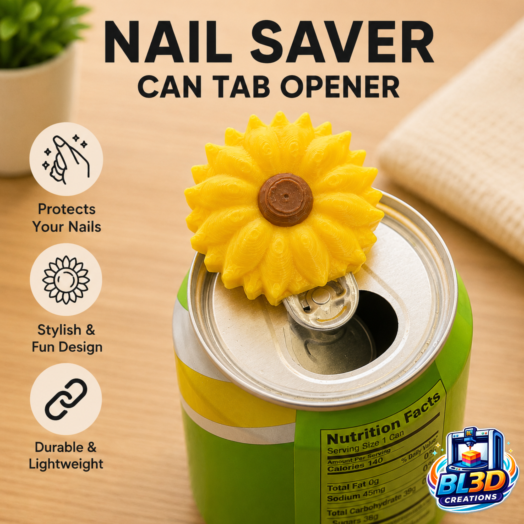 Sunflower Can Tab Opener- 3D Printed Nail Saver Can Tab Opener
